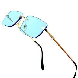 Rimless Sunglasses Men Rectangle Blue Lens Gold Frame Fashion Shades Hip Hop New